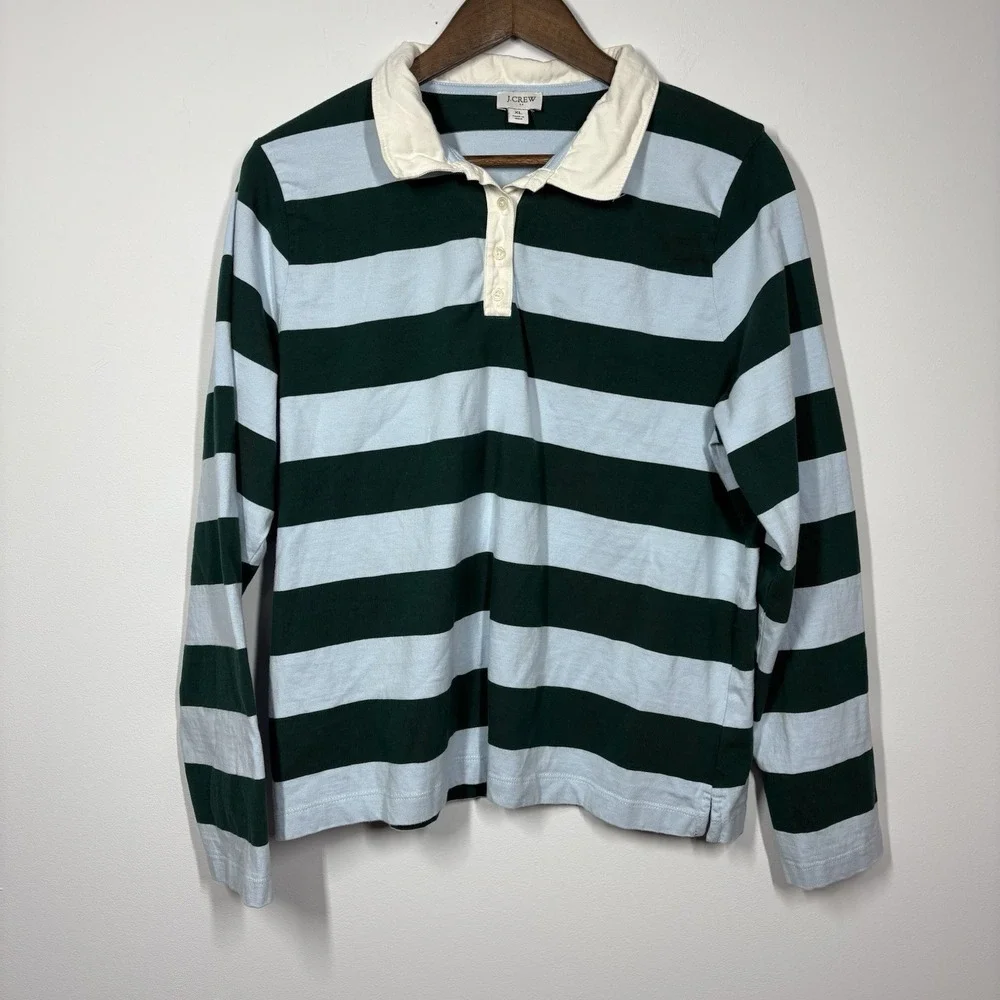 J Crew Womens Rugby Polo Shirt Size XL Blue Green Cotton Academia Classic Preppy - Picture 1 of 7